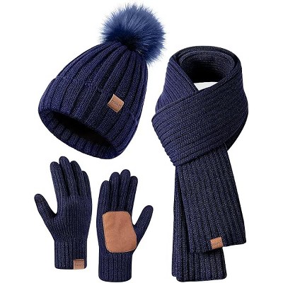 Fisfet Winter Beanie Hat Scarf Gloves Set for Women, Womens Beanie with Pom Pom Long Scarf Neck Warmer Touchscreen Gloves 3 in 1 Set
