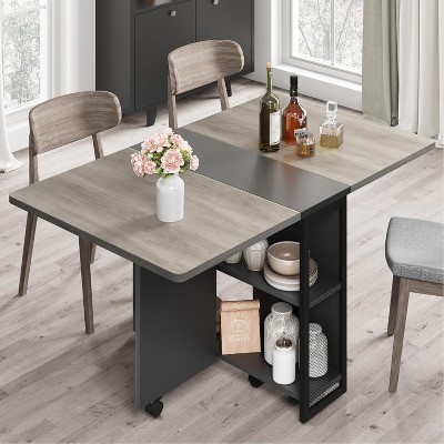 Folding Dining Table with 2 Tier Storage-Extendable Drop Leaf Space Saving Kitchen Dining Room Tables for 4