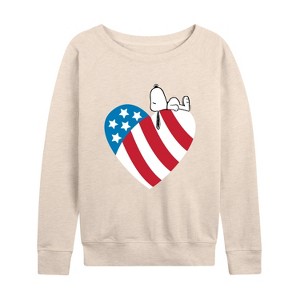 Women's - Peanuts - Snoopy On Flag Heart Lightweight French Terry Wide Neck Long Sleeve Shirt - 1 of 4