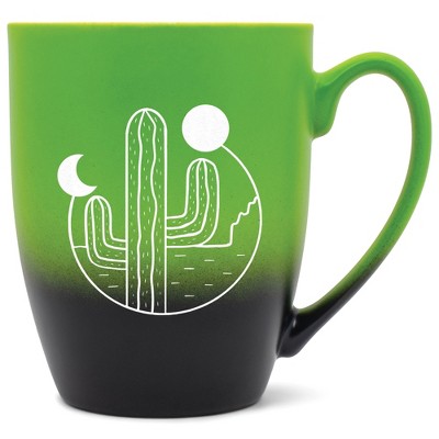 Elanze Designs 12 Ounce Ceramic Decorative Laser Engraved Giftable Novelty Tea Coffee Cup Mug Green and Black Cactus Moon and Sun