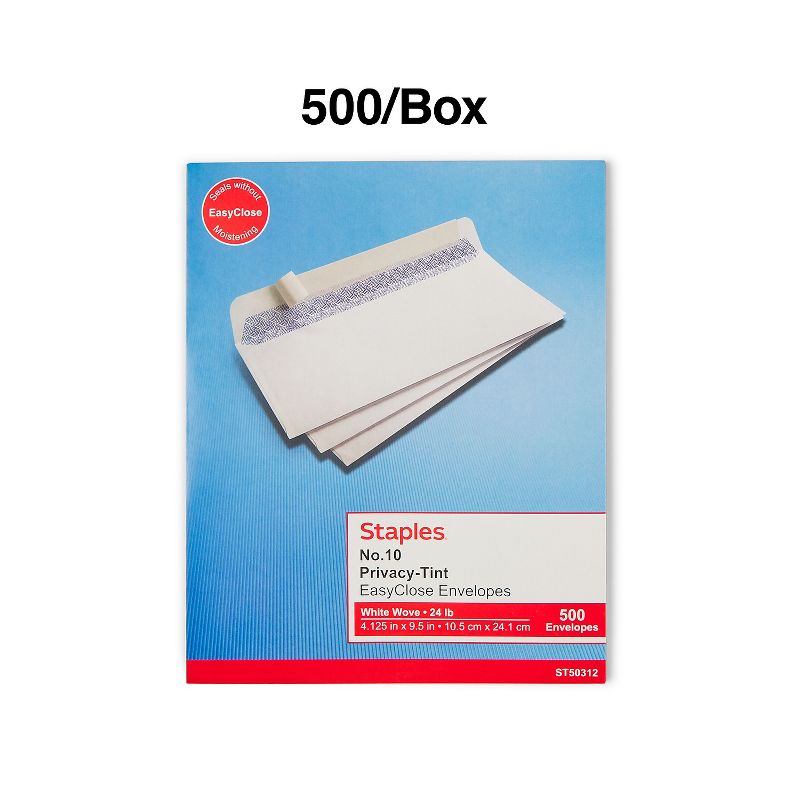 Staples EasyClose Security Tint #10 Envelope 4-1/8" x 9-1/2" White 500/BX 50312, 4 of 7