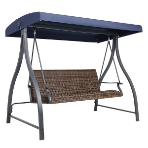 Aoodor 3-Seat Outdoor Rattan Patio Swing with Adjustable Dark Blue Canopy, Built-in Quick-Drying Foam Seat, Rattan Wicker, Rust-Resistant Iron Frame - 1 of 4