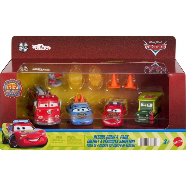 Paquete de 4 vehículos de die-cast de Disney y Pixar Cars Race & Rescue Crew con Red, Lightning McQueen, Sally y Sarge