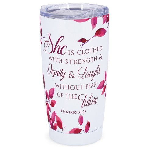 Elanze Designs 20 oz Stainless Steel On the Go Insulated Travel Tumbler With Push Top Lid, Clothed With Strength & Dignity Bible Verse White - image 1 of 4