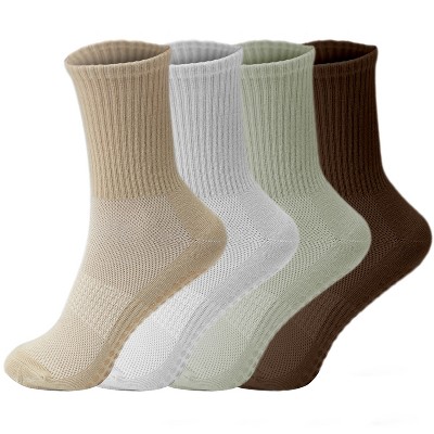 Boersma Women’s Soft Cotton Ankle Crew Socks – 4-Pack Thin Breathable Bootie Socks for Daily Wear, Yoga, Pilates，Khaki, Caramel, Light Grey, White