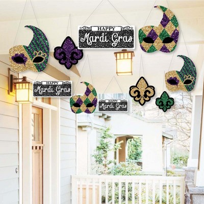 Big Dot of Happiness Hanging Mardi Gras - Outdoor Hanging Decor - Masquerade Party Decorations - 10 Pieces