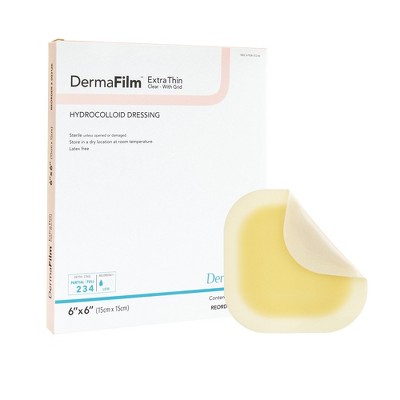 DermaFilm Thin Hydrocolloid Dressing 6 x 6" Square Extra Thin Clear w/grid Film Backing 00312E 5 per Box