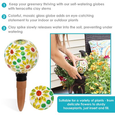 Bright Blooms Mosaic Glass Plant Watering Globe with Clay Spike