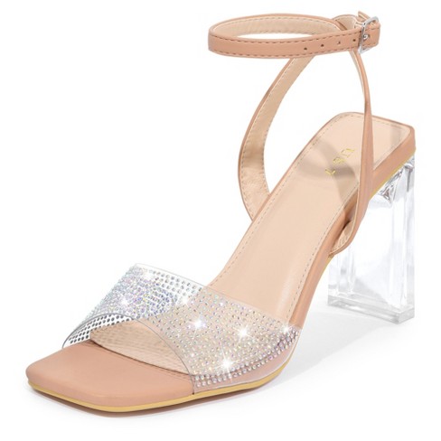 Allegra K Women s Rhinestone Clear Heeled Ankle Strap Sandals Nude 8