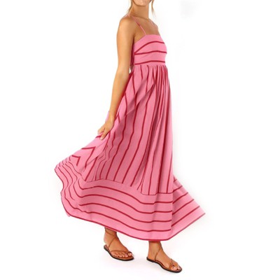Women Summer Dress Square Neck Strappy Striped Backless Maxi Dress