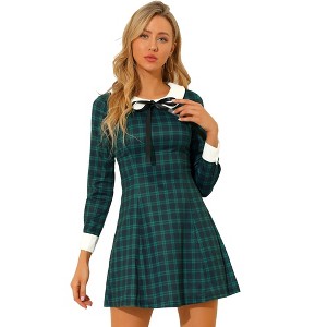INSPIRE CHIC Women's Peter Pan Collar Fit and Flare Mini Plaid Tartan A Line Dresses - 1 of 4
