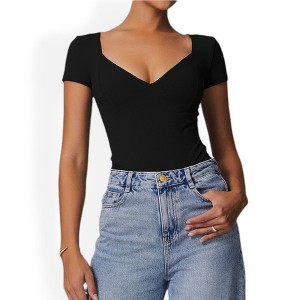 Anna-Kaci Women's Short Sleeve Sweetheart Neckline Bodysuit with Slim Fit and Stretch Fabric - 1 of 4