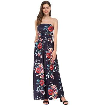 Women Strapless Floral Print Bohemian Boho Maxi Dress Casual Off Shoulder Beach Party Dress with Pockets