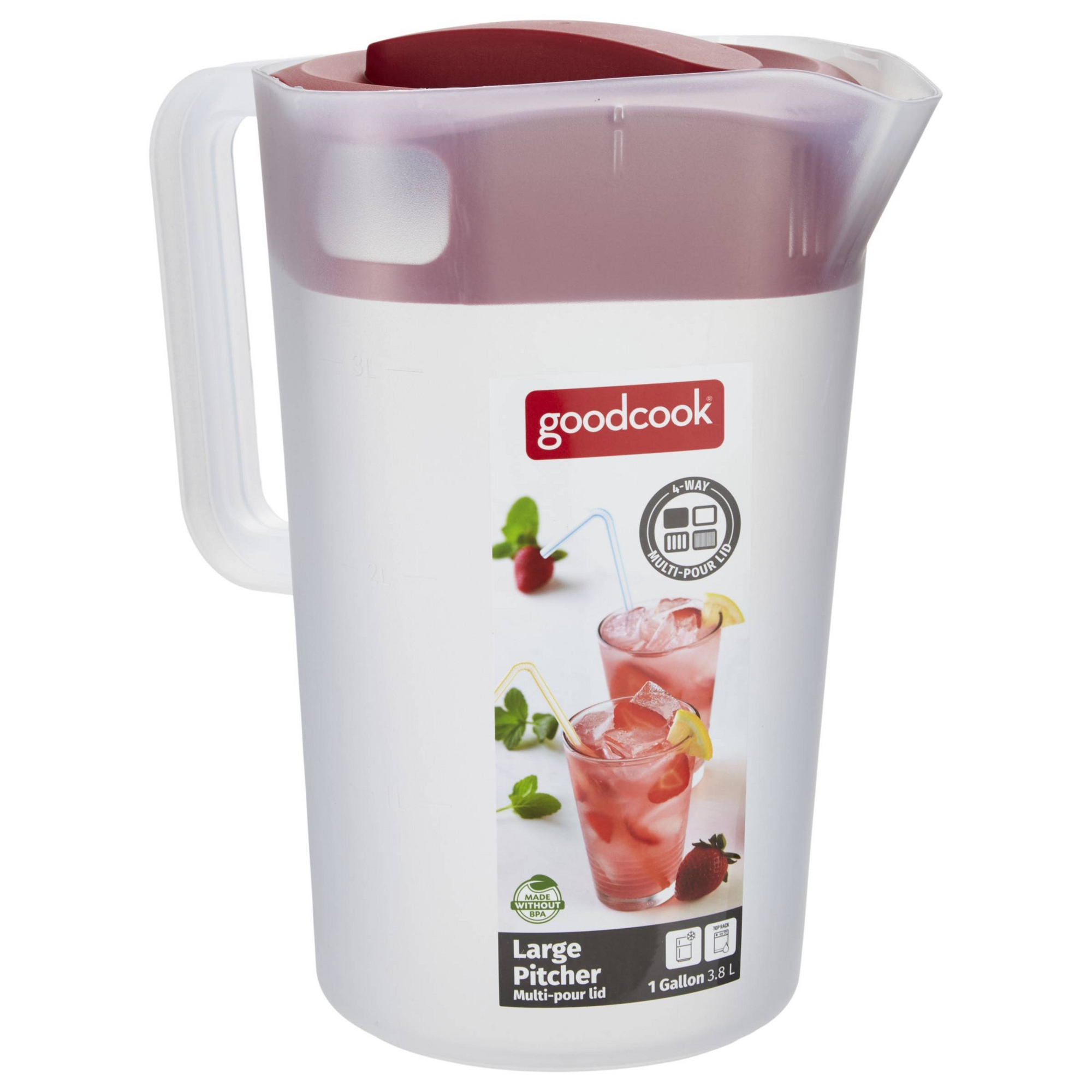 GoodCook Plastic Pitcher with 4 Way Lid - 1 Gallon - Red: Beverage Server, 1 Piece, 10.25" Height, 7.2" Width