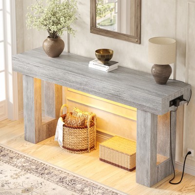 Aheaplus 63'' Farmhouse Console Table with Power Outlets and Light