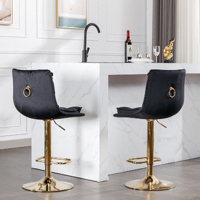 LOVMOR Set of 2 Bar Stools,with Chrome Footrest and Base Swivel Height Adjustable Mechanical Lifting Velvet + Golden Leg Simple Bar Stoo