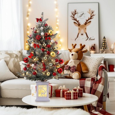 3 Ft Pre-Lit Christmas Tree With 78 LED Lights, Artificial Tree With Snowflakes and Red Berries, For Home, Porch, Office, Party, White