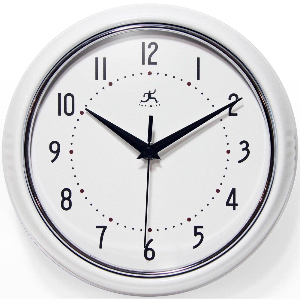 9.5" Retro Metal Wall Clock White - Infinity Instruments: Modern Analog, Indoor Decorative Timepiece