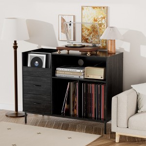 LOVSON 35.4''storage cabinet with adjustable shelves and record rack (holds up to 300 vinyl records), featuring 2drawers. Ideal for living rooms,Black - 1 of 4