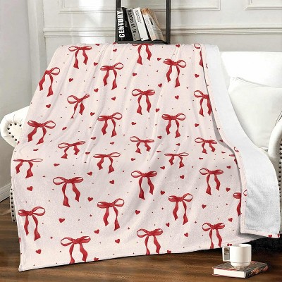 Cute Red Bow Throw Blanket,Red Bow Flannel Throw Blankets Gifts for Women Girls,Aesthetic Preppy Bowknot Coquette Warm Blanket Room Decor.
