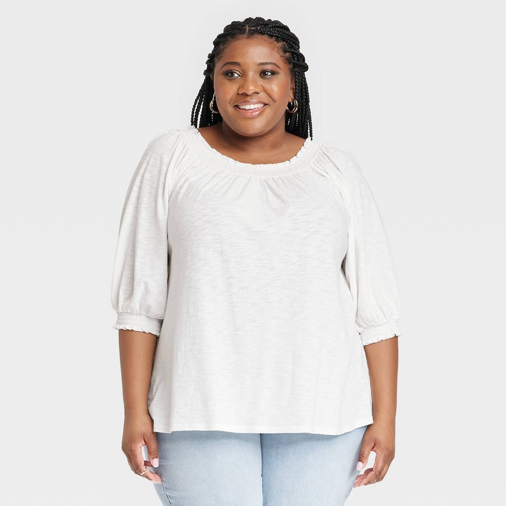 Women's Plus Size Bishop 3/4 Sleeve Smocked Top - Knox Rose™ White XXL