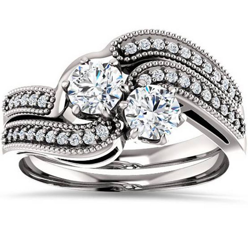 Pompeii3 1.00CT Two Stone Diamond Forever Us Engagement Ring Set 10K White Gold, 1 of 4