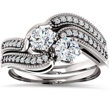 Pompeii3 1.00CT Two Stone Diamond Forever Us Engagement Ring Set 10K White Gold