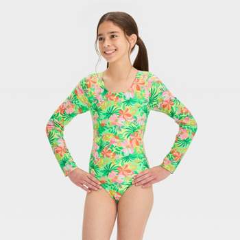 Girls' Summer Tropics Floral Printed One Piece Rash Guard Swimsuit - art class™