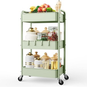 3 Tier Rolling Storage Cart, Metal Trolley Utility Cart with Wheels & Hooks, Easy Assembly - 1 of 4