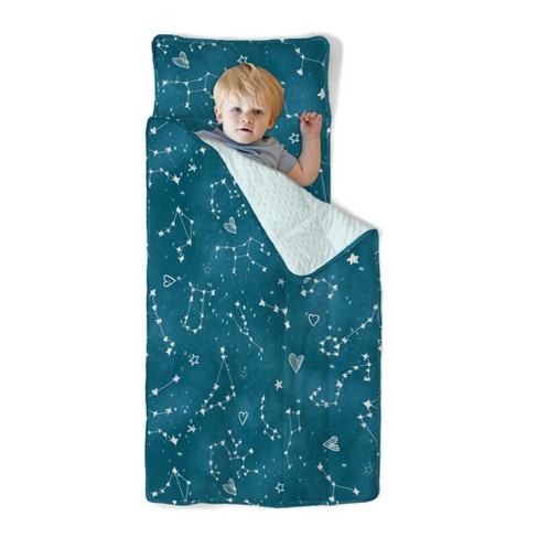 JumpOff Jo Extra Long Nap Mat with 5lb. Detachable Weighted Blanket, 2-in-1  Kids Sleeping Bag, Preschool & Daycare, Blue Dinosaurs, 53 x 21