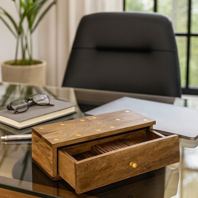 Sagebrook Home Wooden Dominoes Set - Wooden and Brass Domino Set in Brown - Game and Storage Case - Family Game Night