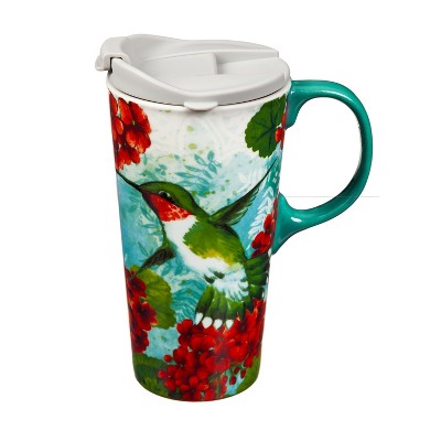 Evergreen Hummingbird Trio Ceramic Travel Coffee Mug, 17 ounces