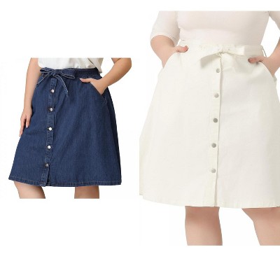 Agnes Orinda Women's Plus Size Tie Waist Button Front Pockets A-Line Midi Denim Skirts