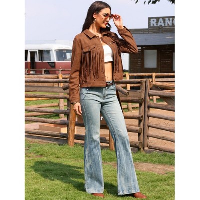 INSPIRE CHIC Women's Turndown Collar Faux Suede Fringe Button Down Long Sleeve Vintage Crop Jackets Medium Brown — фото 4