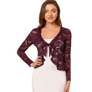 INSPIRE CHIC Women's Tie Front Ruffled Hem Floral Lace Sheer Crop Bolero Shrug - 1 of 4