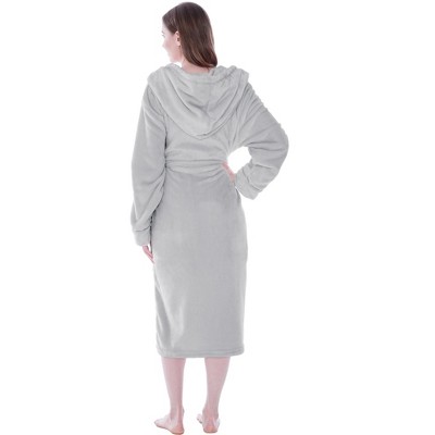 Light Gray Hooded Fleece Bathrobe with Satin Trim, S/M