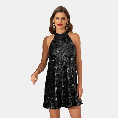 FeMereina Women Long Sleeve Sequins Glitter Dress Party Sparkle Loose Fit Shift Mini Short Dress With Belt (Black, S