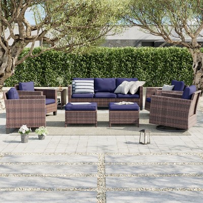 Sonkuki 8-Piece Patio Conversation Set, Outdoor Furniture Set with 4 Rattan Swivel Rocking Chairs, Side Table, Ottoman and Navy Blue Cushion