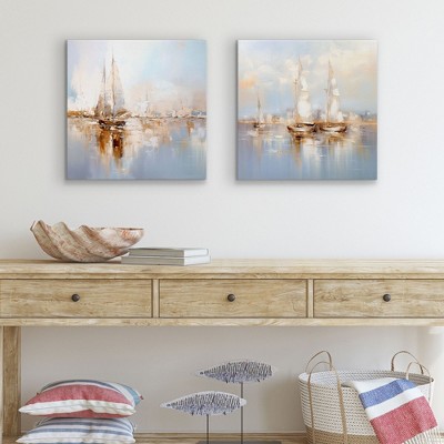 Americanflat Canvas Wall Art Featuring White Sailboats - Set of 2 - Gallery Wrap - Beige, Blue and Grey - Seascape Coastal Wall Art