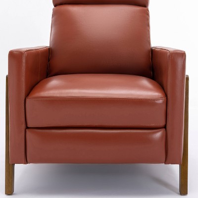 Modern Caramel Leather and Wood Push Back Recliner