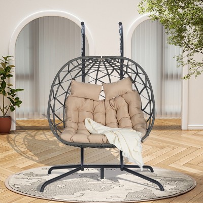 Khaki Rattan Double Egg Chair With Stand,garden Hanging Wicker Egg Chair Outdoor Patio Egg Swing ...