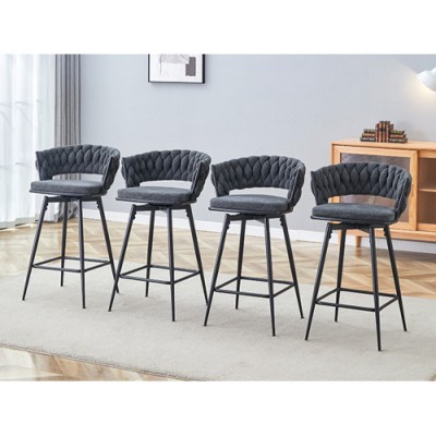 grey 4-pack swivel bar stools with breathable cotton-linen cushions and rust-proof electroplated metal frames.
