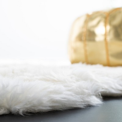 Luxurious Hand-Knotted Sheepskin 8' Square Rug in White and Beige