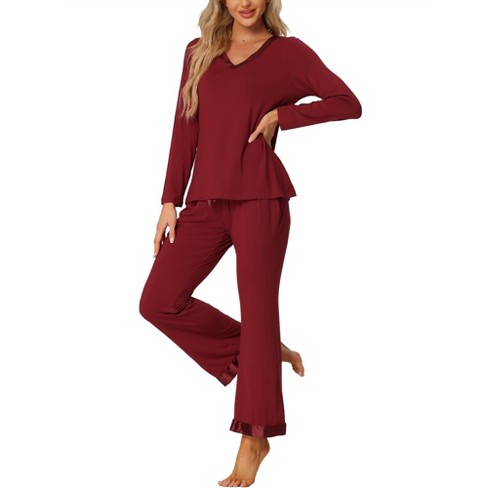 cheibear Women's Long Sleeve Pajama V Neck Shirt and Long Pants Sleepwear  Set Dark Red Medium