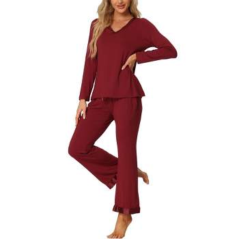 cheibear Women's Long Sleeve Pajama V Neck Shirt and Long Pants Sleepwear Set