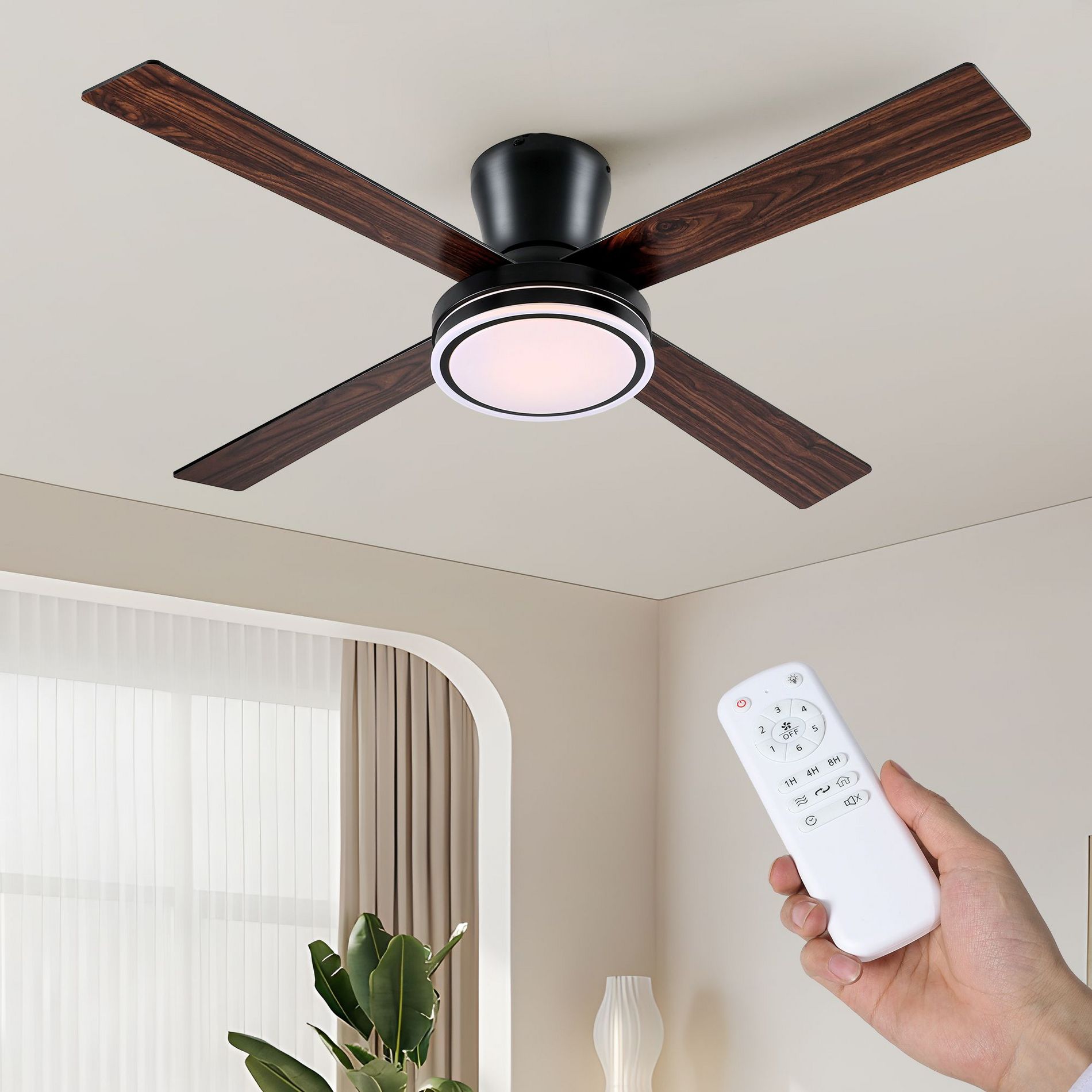 HUMHOLD Low Profile Ceiling Fans with Lights and Remote, 54" Modern Hugger Ceiling Fan, Reversible, 3-Light, 6-Speed DC Motor, 4-Blade Ceiling Fan