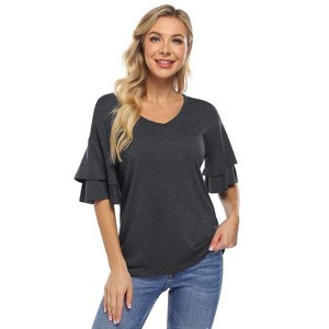 Coolmee Women's Blouses Ruffle Sleeve T Shirts V Neck Double Tiered Bell Sleeve Top - 1 of 4