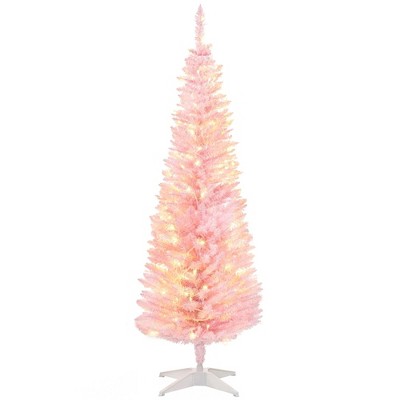 NAYSAYE 5FT Slim Douglas Fir Artificial Christmas Tree with 294 Branch Tips Full Tree for Home Office Party, Pink, 18"*18"*59"