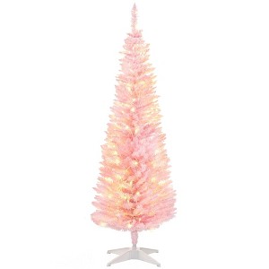 NAYSAYE 5FT Slim Douglas Fir Artificial Christmas Tree with 294 Branch Tips Full Tree for Home Office Party, Pink, 18"*18"*59" - 1 of 4