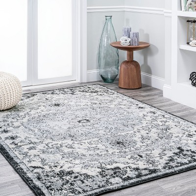 Gray and Black Medallion Synthetic 4' x 6' Area Rug